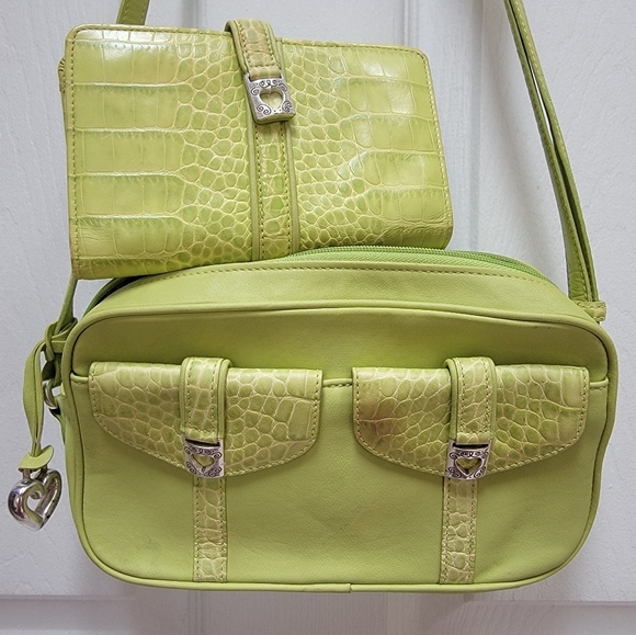 Brighton Leather Lime Green Crocodile Pattern Women's Crossbody Bag & Wallet - Picture 1 of 7